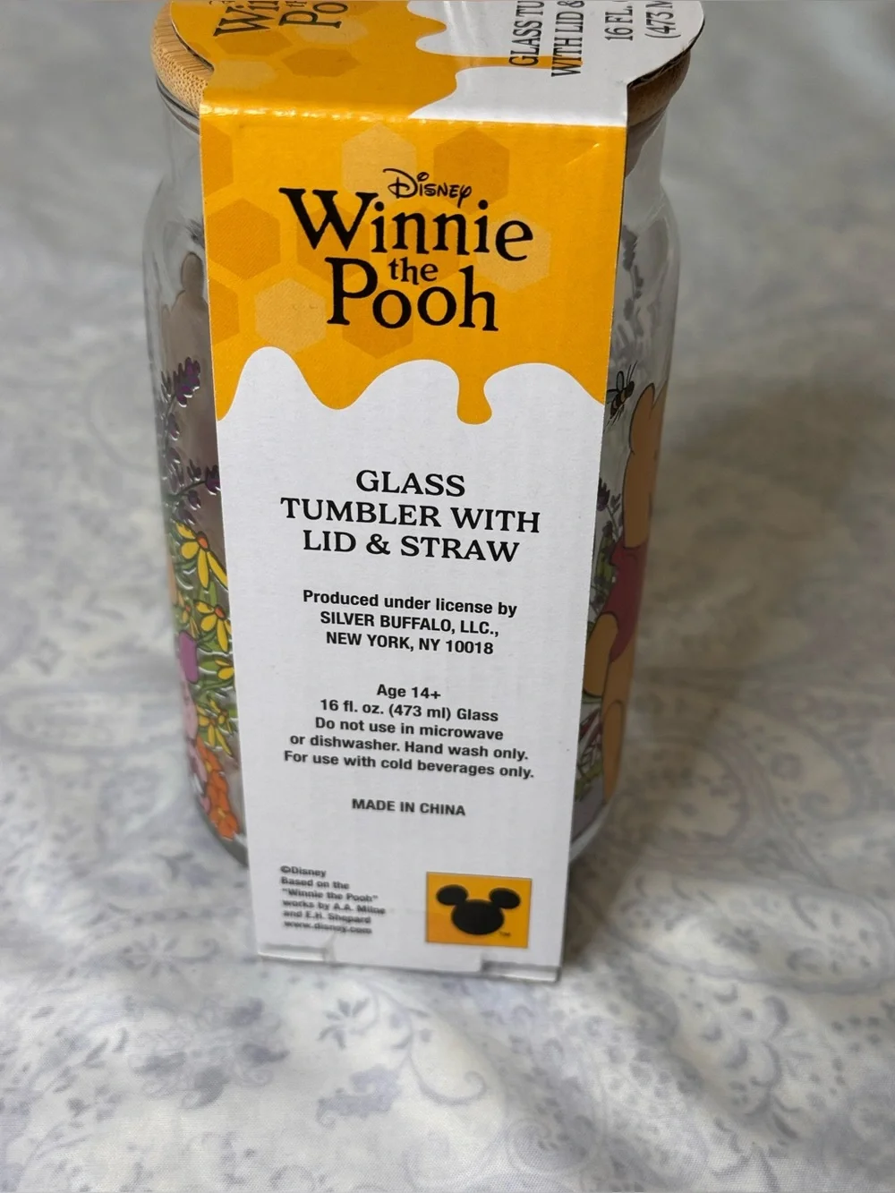 Disney Winnie the Pooh & Piglet Glass Tumbler with glass straw & bamboo lid